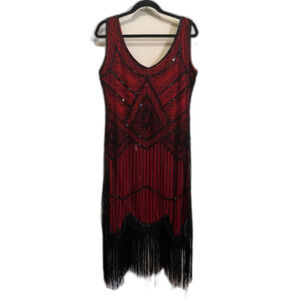 Vintage Red Black Beaded Flapper 40s Mini Dress Women's Size Large